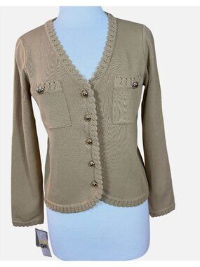 Nanette Lepore LS Camel Knit Cardigan Gold Tone Buttons Scalloped Trim M NWT
